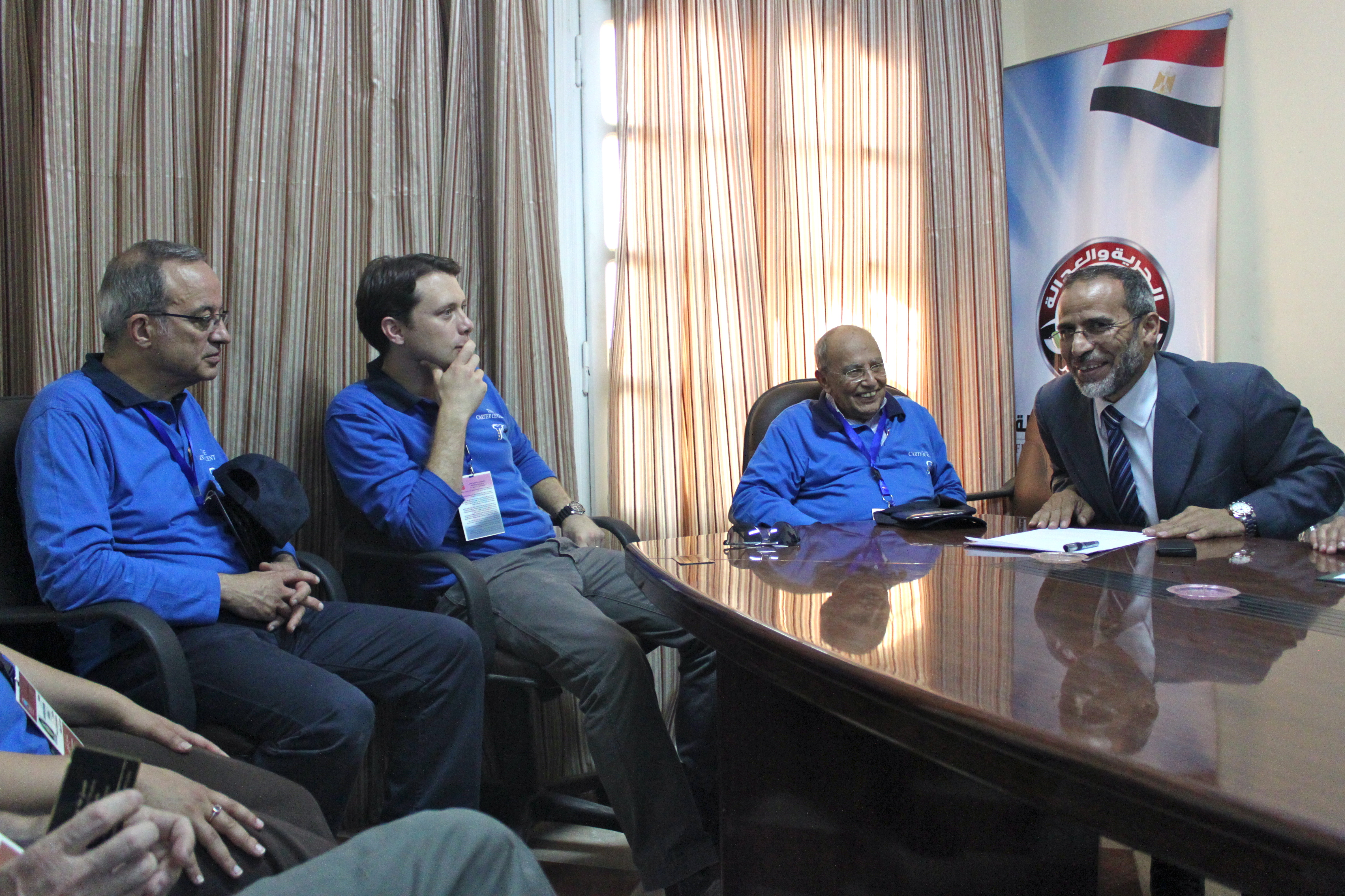 Former Jordanian Ambassador Marwan Muasher, State Senator of Georgia Jason Carter, and former Prime Minister of Yemen Abdel Karim Al-Eryani meet with representatives of the Freedom and Justice Party on June 16.