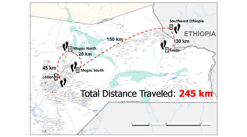 A map illustrating the distance walked by Lochin and his father