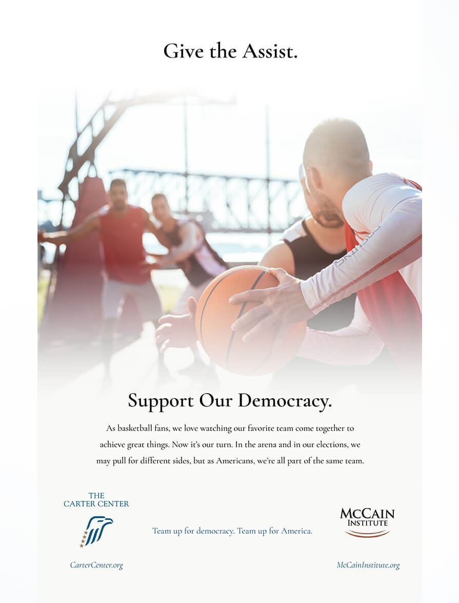 Democracy advertisement featuring basketball players.