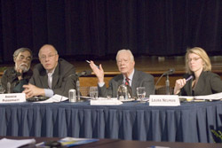 Photo of Carter Center Access to Information Project Manager Laura Neuman, President Carter, and working group facilitators Andrew Puddephatt, director of Global Partners UK, and Shekhar Singh, founder of the National Campaign for the People's Right to Information in India, during the final plenary.