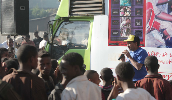 In addition to providing drug treatment and screening during Maltra week, health workers also conduct health education about trachoma and malaria. This van is equipped to show videos about preventing the two diseases.